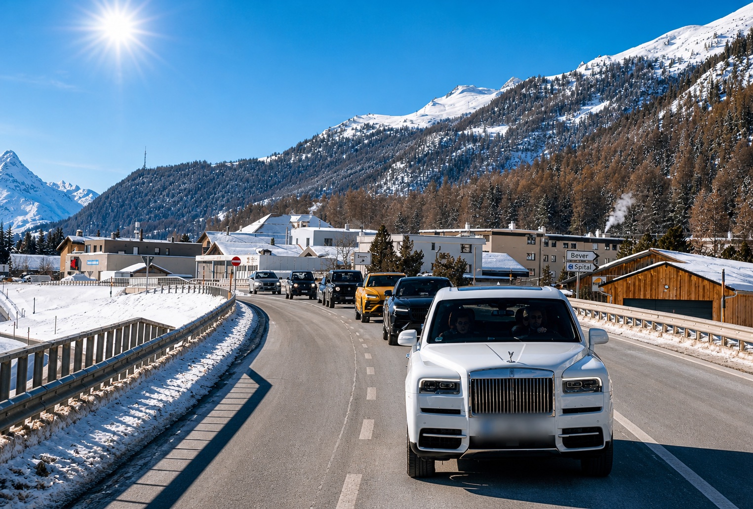 Luxury SUV convoy driving through a snowy Alpine village